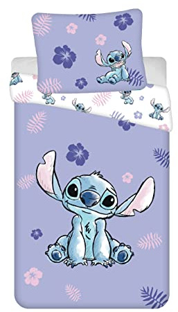 Ropa de Cama Disney Lilo y Stitch con Flores, Hojas, Morado, Hawaii, edredón 140x200 + Almohada 70x90 cm 100% algodón