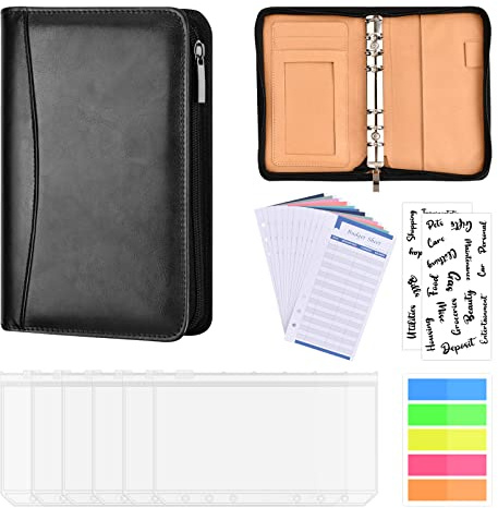 Budget Planner Budget Binder A6 Geld Organizer Sparbuch, Geldorganisation Ordner 6 Löcher mit Binderumschlägen, Budgetblätter, Etikettenaufklebern Schwarz