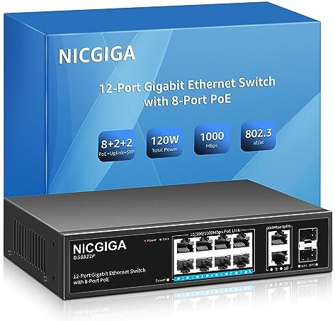 NICGIGA 8 Port Gigabit Poe Switch Unmanaged with 8 Port IEEE802.3af/at Poe+@120W, 2 x 1000Mbps Uplink + 2 x 1G SFP, 12 Port Network Power Over Ethernet Switch, Desktop/Wall-Mount.