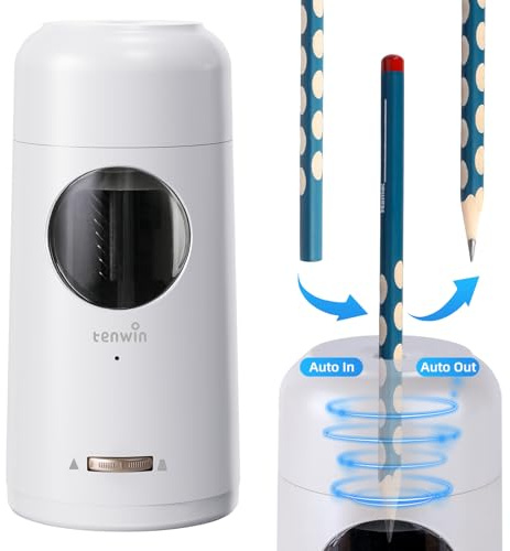 tenwin Sacapuntas Eléctrico Automático, Sacapuntas Recargable con Contenedor para Lápices de 7-11.5mm ＆ Lápices de Colores, Portátil y Seguro para, Casa, Oficina, Escuela (Blanco)