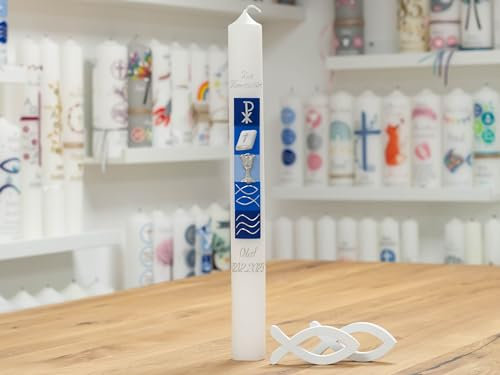 meinkerzenshop Kommunionkerze Olaf personalisiert mit Name und Datum, individuell und mit Echtwachs handverziert für Junge und Mädchen