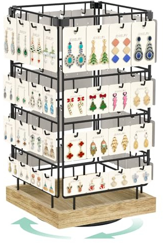 EsLuker.ly Rotierender Ohrringständer Ohrringe Aufbewahrung Ohrringhalter Organizer für Verkäufer, Ohrringkarten Schmuckaufbewahrung Earring Rack Display Stand mit 64 Haken, Eiche