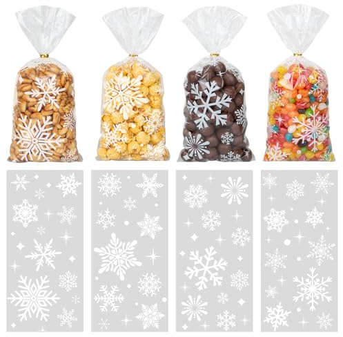 GOMANCHE 100 jul snöflinga cellofanpåsar, jul snöflinga klar godispåsar med metalliska vridband för vinter jul fest snöflingor födelsedagstillbehör