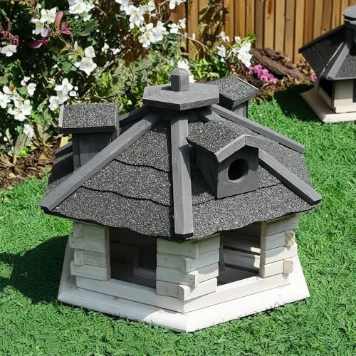 Mucola Vogelfutterhaus 6-eckig Vogelhaus 48cm | Bitumschindeln und Futterspender | Vogelvilla Vogelhäuser Futtersilo Vogelfutterstation Vogelhütte