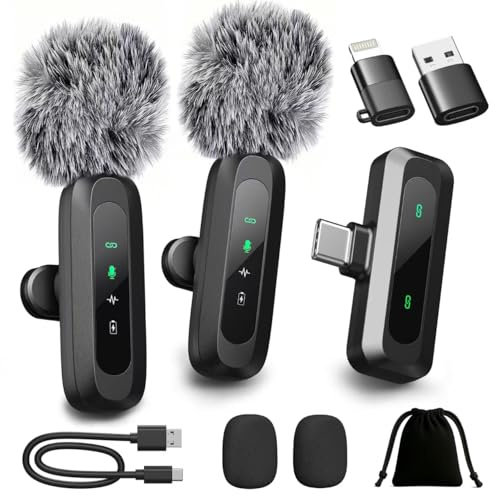 Upgraded 2 Pack Mini Clip on Microphone With LED Display, Wireless Lavalier Microphone for iPhone, HD Noise Cancelling, Portable Lapel Mic for Recording Video Podcast Vlogg Content Creator interview