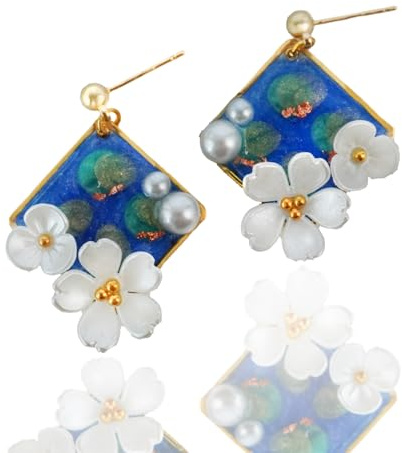 WEWDBY Monet's Water Lilies Artistic Resin Earrings - Blue Dangles with White Floral & Pearl Accents, Lightweight Hypoallergenic Creative Jewelry for Art Lovers