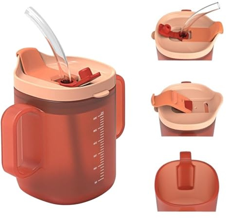 xyunluk Senior Water Cup 300ml Spill-Proof Cup With Handles Feeding Cup With Lid And Straw For Patients Senior Drinking Mug Senior Care Cup For Patients Elderly Pregnant Disabled(Coral Orange 300mL)