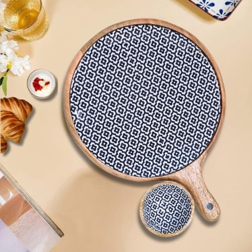 Hartsmede Serving Platter Tray with Bowl – 12 Handmade Mango Wood Charcuterie Board, with Floral Enamel Pattern, Cheese Fruit Snack Serving Board for Parties, Kitchen or Housewarming Gift – Sambhal