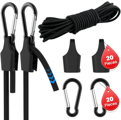 SDTC Tech 5/16 Bungee Shock Cord Kit, 33 Feet Super Elastic Bungee Strap with 20 Pcs Carabiner Hooks and 20 Pcs Adjustable Rope Clips for Camping, Cars, Kayak, Boat, Bikes, Cargo, Truck, DIY