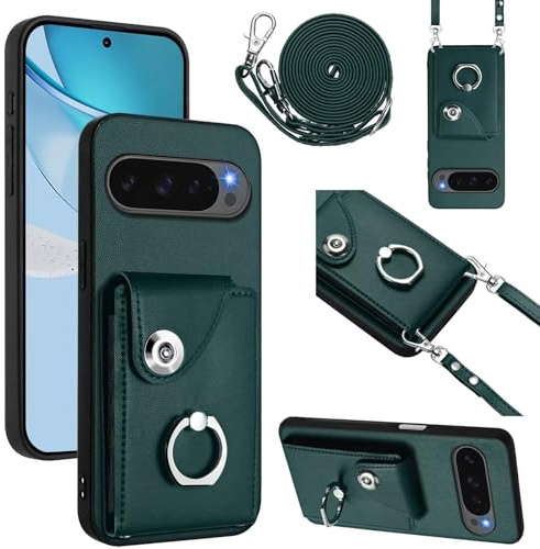 xinyunew Handyhülle für Google Pixel 10 Pro XL Hülle mit Band Kartenfach Handykette Geldbörse,360 Grad Ringhalter Stand Kartenfach,Leder Klapphülle Handytasche für Google Pixel 10 Pro XL-Grün