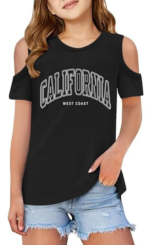 Kids Off the Shoulder T Shirts Girls Age 3-12 Years Short Sleeve Round Neck Trendy Graphic Tshirts Teenage Girls Summer Cartoon Cute School Casual Sports Children Tunic Tops (Black, 11-12 Years)