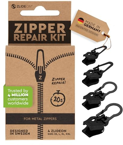Reißverschluss Reparaturset für Metallreißverschlüsse – 4pcs, Schwarz (L/5) | L/5, Ersatz Schieber für Reißverschluss ideal für Jeansjacken, Stiefel, Reisetaschen - Made in Germany