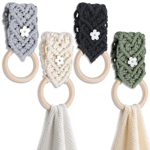 BROWNLILY 4 Pcs Handmade Crochet Towel Holder with Unique Flower Button for Bathroom, Hanging Towel Rack for Kitchen, Macrame Towel Hanger Over The Cabinet Oven Stove Door - Single Ring