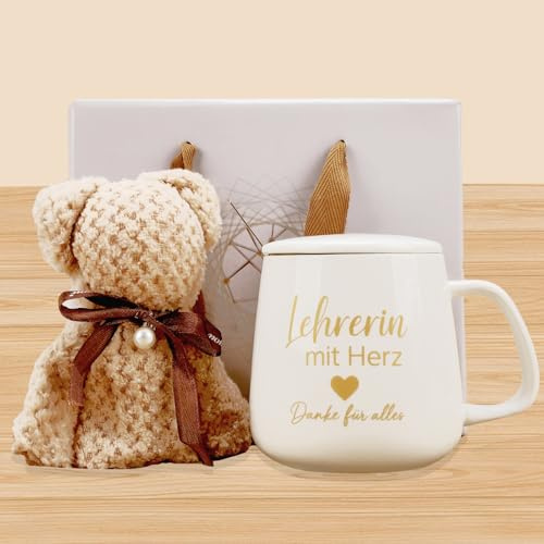 Lehrer Geschenk – Tasse „Lehrerin mit Herz“ 400ml & Handtuchbär – Lehrerin Geschenk Grundschule, abschiedsgeschenk erzieherin, Dankeschön Abschiedsgeschenk