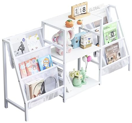 1 Stück Bücherregal Kinder Weiß mit 3 Aufbewahrung und 6 Aufbewahrungstasche, Book Shelf Kinderregal Buchregal Regal für Kinderzimmer/Spielzimmer/Schlafzimmer/Buchhandlungen/Bibliotheken/132x30x69cm