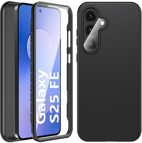 Fin2feel für Samsung Galaxy S25 FE Hülle, 360 Grad Rundumschutz Stoßfest Schutzhülle mit Eingebautem Displayschutz, Liquid Silikon TPU Bumper Robust Cover Case handyhülle für Samsung S25 FE, Schwarz