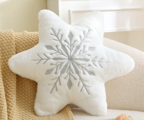 MolynnChic Schneeflocke Dekokissen – Weißes Plüschkissen in Sternform mit silbergrauer Stickerei – Weiches Winterkissen für Sofa, Couch, Schlafzimmer & Festliche Deko