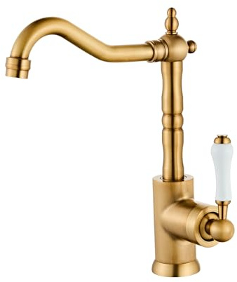 Antique Brass Kitchen Sink Faucet Single Handle Bar with 360° Swivel Long Curve Spout High Arc Bathroom Farmhouse YIGUANXIN