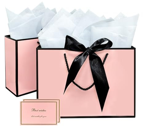Geschenktüte für Geschenke, Rosa Geschenktasche mit Henkeln, Gift Bag, Grußkarte und Seidenpapierdekorationen enthält, Geschenkverpackung für Geburtstage, Valentinstag, Hochzeiten und Jubiläen