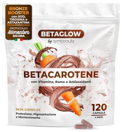 Symbeauty Betacarotene per Abbronzatura Forte 120 capsule - Acceleratore Abbronzatura, Tirosina e Vitamina D, Antiossidanti Astaxantina, SOD, Vitamina C, E, B2, Rame, Niacina, Biotina - Made in Italy