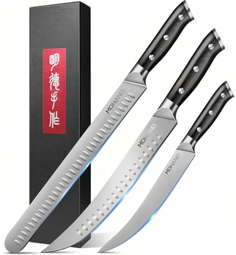 MDHAND Messerset, Profi Küchenmesser Set aus Hochgekohlter Edelstahlmit | 3 teiliges Messerset mit Filetiermesser Schinkenmesser Fleischmesser Scharfer langlebig zum Schneiden von Fleisch