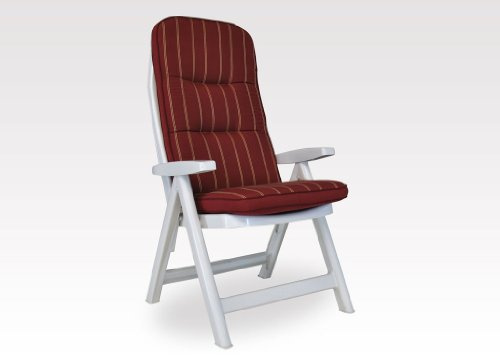ANGERER Stuhlauflage hoch Bordeaux-Creme gestreift | Hochlehnerauflage, Auflage für Gartenmöbel, mit Bändern, dicke Füllung aus Schaumstoff mit Vliesummantelung, Made in Germany