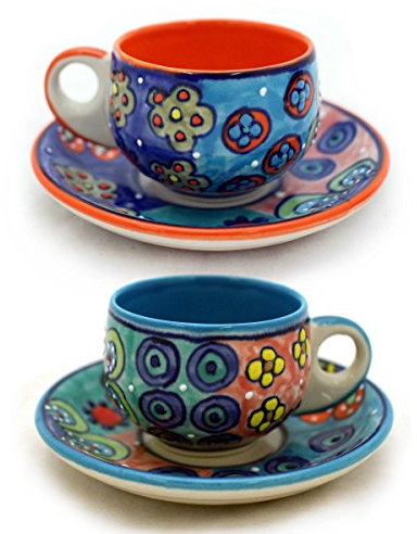 Gall&Zick 4x Espressotasse mit Untertasse Mokkatasse Untersetzer Unterteller Tasse Kaffeetasse Teetasse Geschirr Set Keramik Bemalt Bunt
