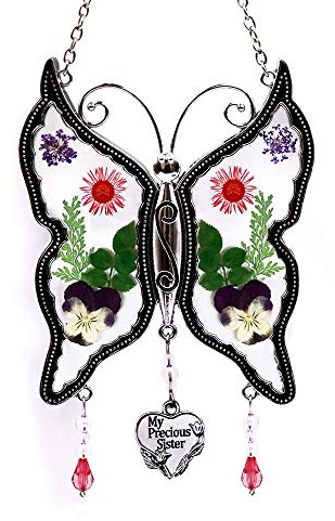 Karen Secret Gardern My Precious Sister Butterfly Suncatcher Gifts for Sister Wind Chimes, Pressed Flower between Glass for Stained Window, Silver Metal Engraved Charm, Sister Birthdays from Sister