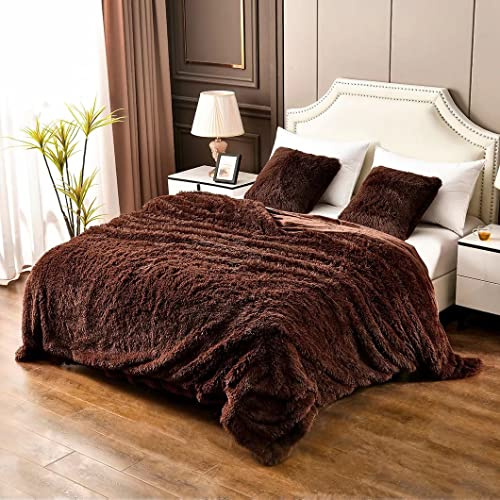 YUSOKI Brun drottning fuskpäls filt, 2 lager, 228 cm x 228 cm utan kuddar stor mjuk plysch luddig stor varm fluffig filt för säng
