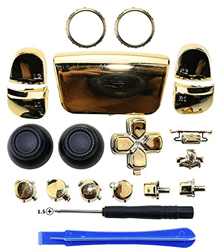 GGZone Chrome ABXY Dpad Triggers Buttons Replacement Button Mod Kit +Accent Rings with Tool for Sony PS5 Controller (Chrome Gold)