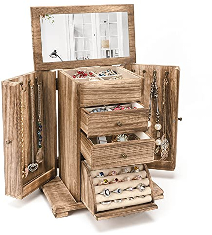 Emfogo Jewelry Box for Women, Rustic Wooden Jewelry Boxes & Organizers with Mirror, 4 Layer Jewelry Organizer Box Display for Rings Earrings Necklaces Bracelets (Rustic Brown)