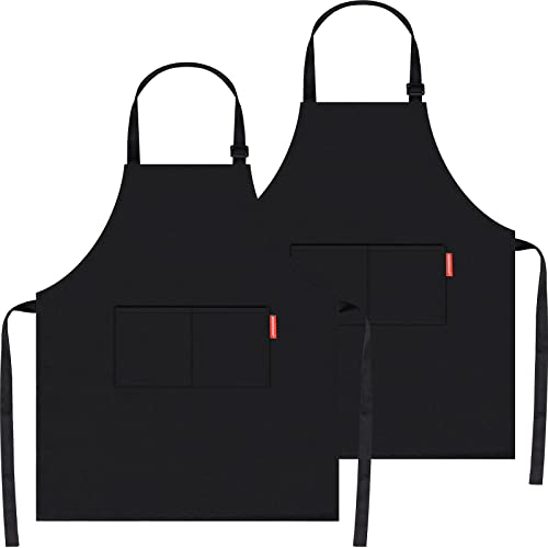 Professional Adjustable Black 100% Cotton Apron with 2 Pockets Cooking Kitchen Chef Women Men Aprons for Home Kitchen, Restaurant, Coffee House, Baking Gardening BBQ 2 Pack