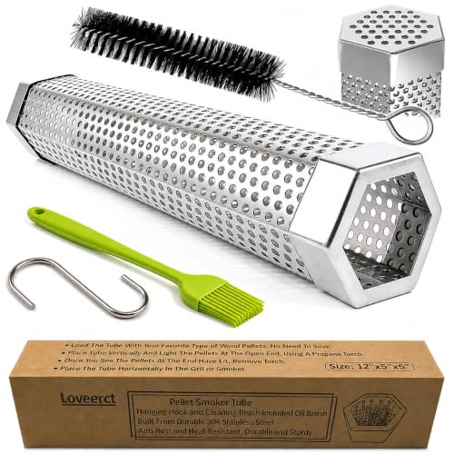 Loveerct Pellet Smoker Tube 12in Stainless Steel BBQ Smoke Tube for Hot or Cold Smoking 5 Hours of Billowing smoke,Stainless Steel Pellet Smoker Tube for All Grill or Smoker