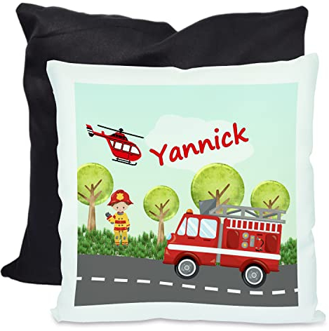 CreaDesign, Kinder Kissen 40x40 cm personalisiert mit Namen, Kinderzimmer Deko Kissen Kinder mit Füllung Federn, Motiv Feuerwehr, Rückenfarbe Schwarz