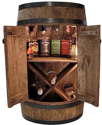 weeco Tonneau en Bois avec Porte éclairage LED et étagère à vin en Forme de X. pour bière, vin, Whisky Armoire pour Verres et Bouteilles. Bar en Bois Fait à la Main dans Un Style Rustique (wengé)