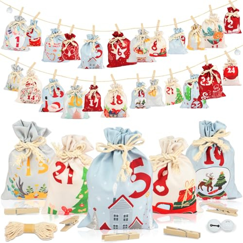 Calendrier de L'Avent a Remplir Soit Même 2025 Calendrier de L'avent a Faire Soi Meme Tissu 24 Sachets en Tissu Pochette Calendrier de L'avent à Remplir DIY Cadeau Decoration Noel (15x20cm/10x15cm)