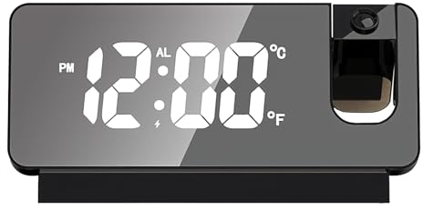 TNSLAND Projektionswecker, Wecker mit Projektion 180 °, LED Wecker Digitale Uhr, Digital Uhr Snooze-Doppelgong Temperatur USB-Anschluss Ladefuntion, Projektionsuhr für Haus Büro (Schwarz)