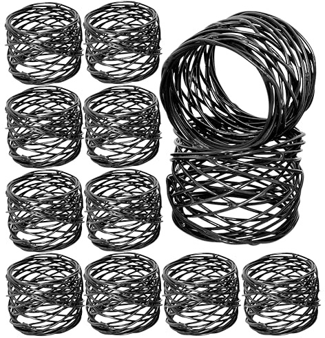 ALPHA Living HOME - Serviettenringe aus Metall, 12 Stück, schwarze Jade, elegantes rundes Netz-Design für Tischdekoration, Hochzeit, Dinner-Party, Alltag, langlebige Eisenlegierung, mattes Finish