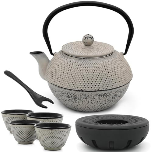 Asia Teekanne Induktion Gusseisen Set 1.1 Liter - grauer Teekessel & Edelstahl-Filter-Einsatz für losen Tee & Teebecher (4 Tassen) & Stövchen & Deckelheber