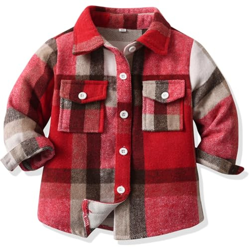 Yaopelky - Camicia a quadri in flanella per bambino, a maniche lunghe, con bottoni, revers, tasca, vestibilità regolare, casual, per l'autunno, Rosso, 4-5 anni
