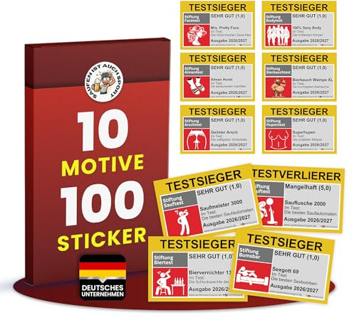 Testsieger Malle Sticker Set 2.0 100 Stück Saufsticker – Lustige Mallorca Party Aufkleber & Flirt Sticker – Festival Gadgets, Party Gadgets, JGA, Stickerset Aufkleberset, 5,5x8,5 cm, jedes Motiv 10x