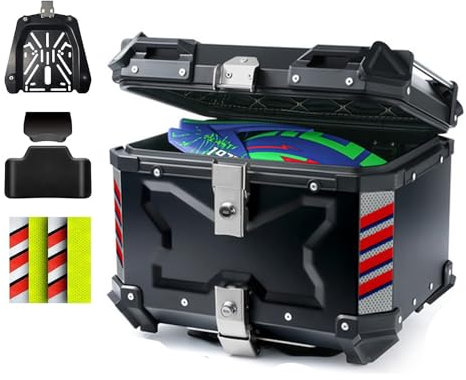 Motorradkoffer Top Case Roller Koffer 28L 36L 45L 55L 65L 80L 100L Motorrad Heckbox Helmkoffer Mit Rückenpolster, Aluminium Motorrad Kofferraum Für Helme Gepäckträger(Schwarz,55L)