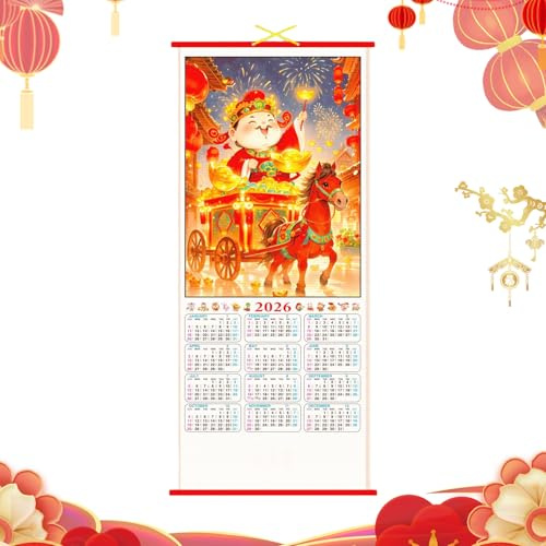 2026 Pferd Jahre Kalender Rattan Wandkalender Tradition Chinesischer Kalender Pferd Muster 2026 Mondneujahrskalender mit Daten Neujahr Heimdekoration (B)