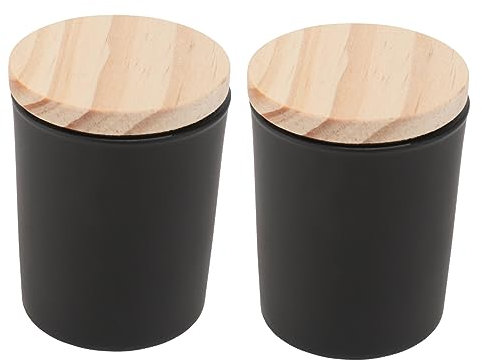 ULDIGI Glass Candle Cup Set 2pcs with Wooden Lids Matte Black DIY Candle Making Jars Suitable for Home and Craft Use