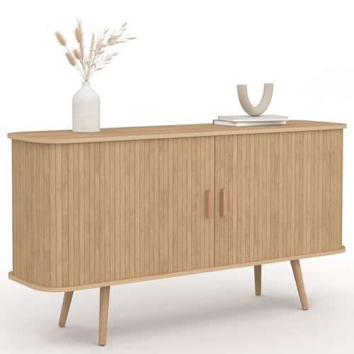 IDMarket - Aparador ROMIE efecto listones 2 puertas correderas 140 cm