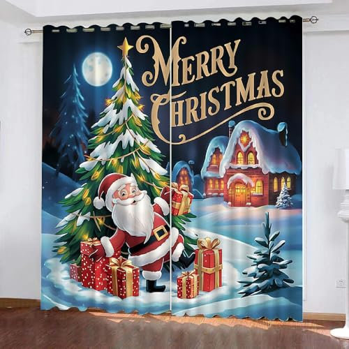 Generisch Gardinen Weihnachten Baum 2 Stück H 160Cm X B 70Cm,Vorhang Weihnachtsmann Elch Blickdicht Ösen 2Er Set,Verdunklungsvorhänge Lichtundurchlässig Kinderzimmer,Kinder Vorhang Verdunkelung,A24