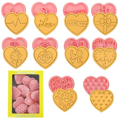 Ausstechform Herz - 10 Stück Kunststoff Valentinstag Ausstechformen und Stempel für Valentinstag Backen