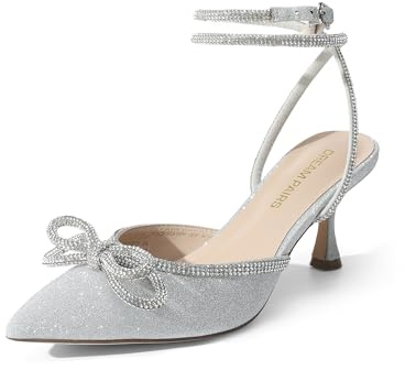 DREAM PAIRS kattunge strass rosett ankelrem stängda klackar, SILVER, 38 EU