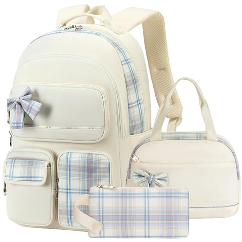 Girls Backpack,3pcs Backpacks with Lunch Box Pencil Case Set 15.6 Inch Laptop School Bag Kids Kindergarten Elementary College Bags Large Bookbag for Teen Women Students Casual Travel Daypacks Beige