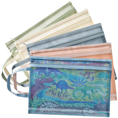 GESDYO 5 Color Mesh Zipper Pouch Bags,Colored Double-Layer Toy Storage Bags with Zipper, Nylon Board Game Storage, Breathable See Puzzle Building Blocks Toy Storage Bag with Handle (A4)